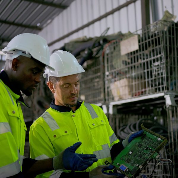 Twee mannen in een fabriek die naar elektrisch afval kijken